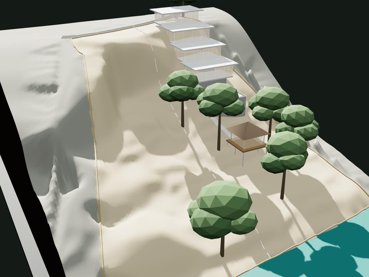 Concept A: one house stepping down from the road in four levels, a pool terrace and a pavilion on the lower terraces